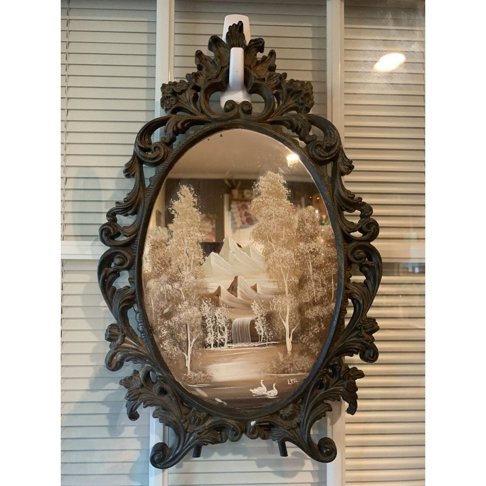 UNIQUE Vintage Oval Mirror, Original Oil Painting, Signed, Plastic Ornate Frame